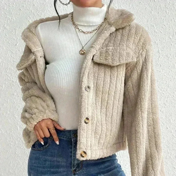 Apricot Casual Women's Flap Detail Fluffy Jacket - Picture 4 of 7